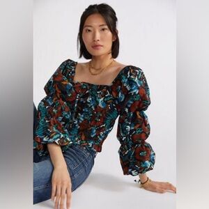 Anthropologie Square Neck Floral Puff Sleeve Top